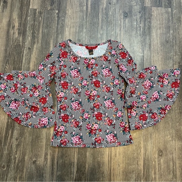 Hot Kiss Floral Fitted Sweetheart Neck Double Ruffled Bell 1/4 Long Sleeves S - Picture 1 of 8